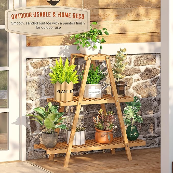 GHWIE Plant Stand Indoor Plant Shelf Outdoor bamboo Plant Rack, 3 Tiers Ladder - Image 3