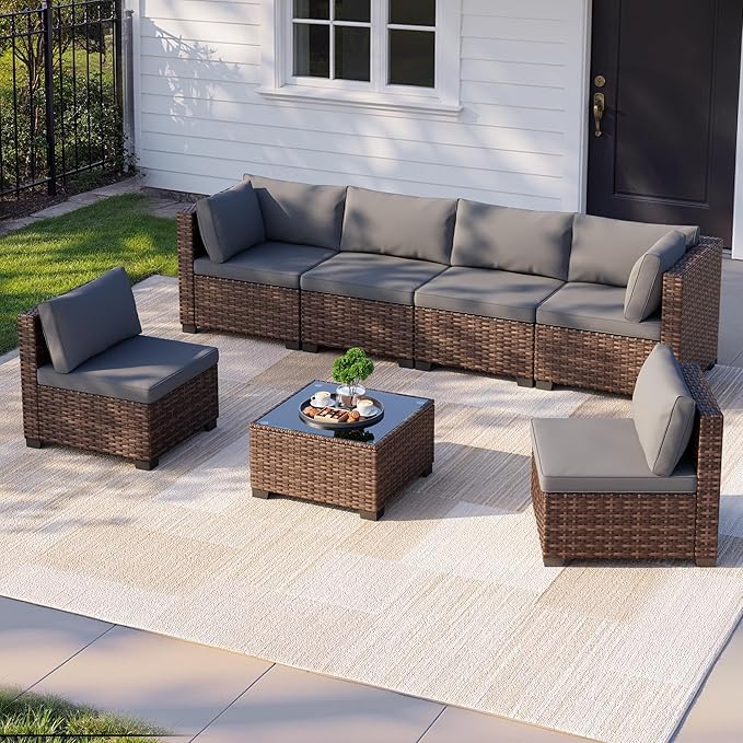 7 Pieces Patio Furniture Set, Outdoor Sectional Rattan Sofa Set, Wicker Patio - Image 7