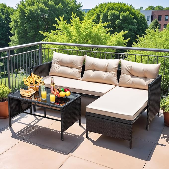 Devoko Outdoor Patio Furniture 3-Piece Rattan Waterproof Outdoor Sectional Sofa - Image 7