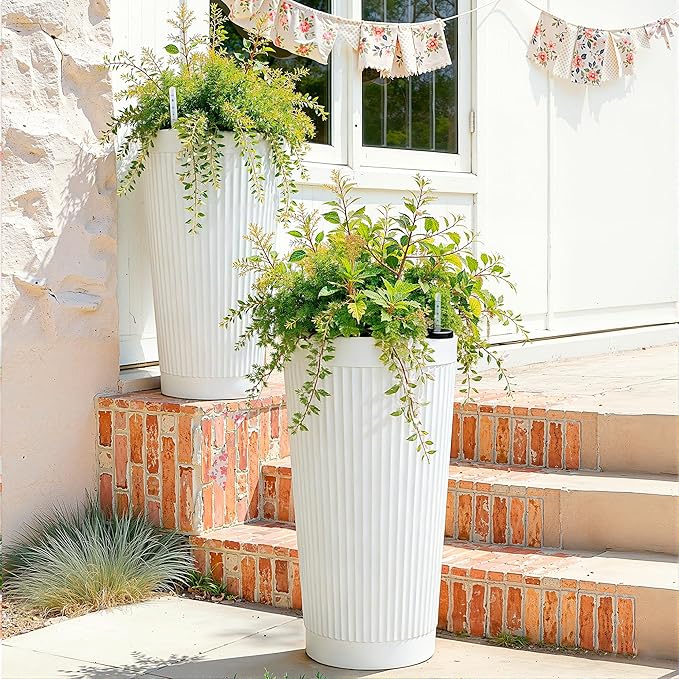 24” Tall Outdoor Planters Set of 2, Self Watering Flower Pots White Planters - Image 7