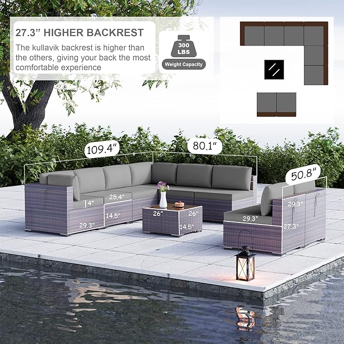 Kullavik 9 Pieces Outdoor Patio Furniture Set PE Wicker Rattan Sectional Sofa - Image 2