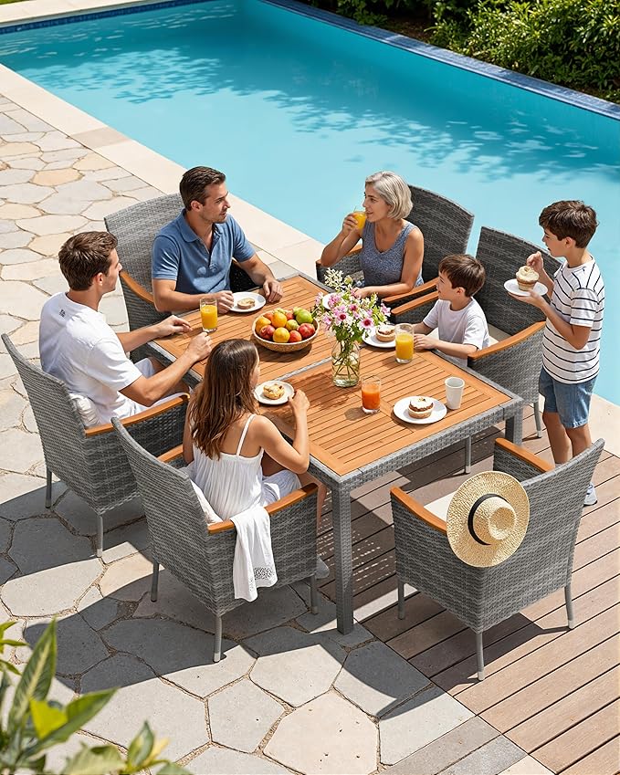 Flamaker 7 Piece Patio Dining Set Outdoor Acacia Wood Table and Chairs - Image 3