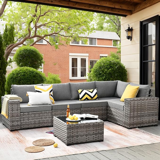 ovios 6 Pieces Patio Furniture Set, Outdoor Wicker Sectional Sofa by OVIOS