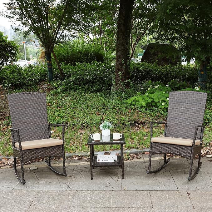 Outdoor Rocking Chair 3 Pieces High-Backed Rocking Chair Patio Rocking Chairs - Image 7