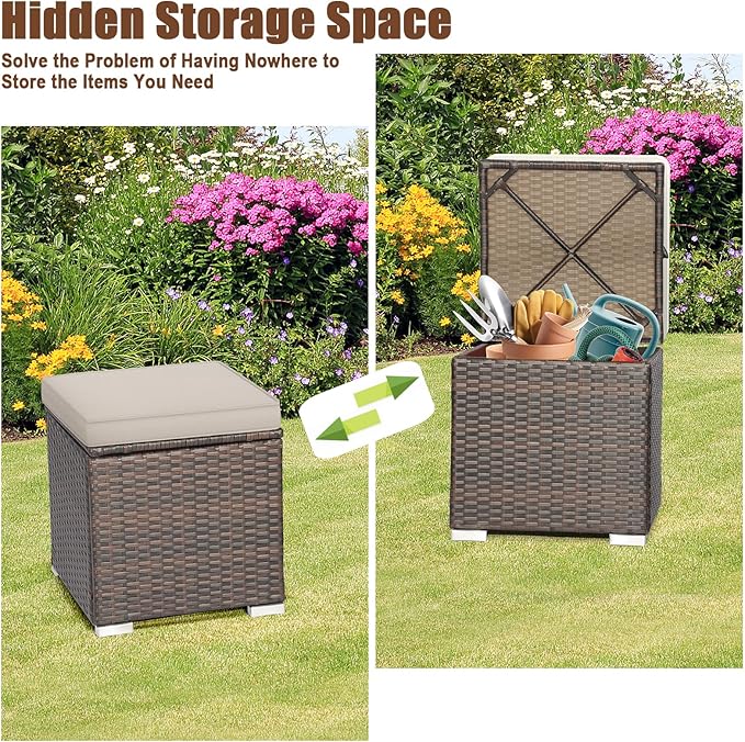 RELAX4LIFE Wicker Outdoor Storage Ottoman, 2-Piece Rattan Footstool w/Removable - Image 5