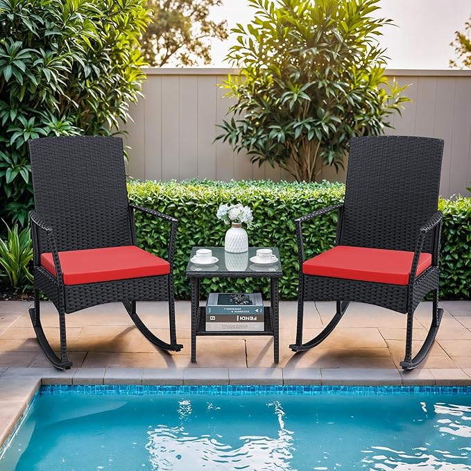 Greesum 3 Pieces Patio Furniture Set Outdoor Wicker Rocking Chairs - Image 3