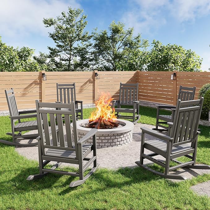 Poly Lumber Rocking Chair Outdoor Set of 6- HDPE High Back Porch Rocker Chairs by GarveeLife