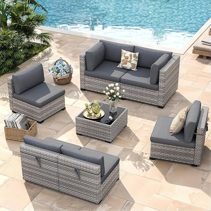 6-Piece Outdoor Patio Furniture Set, All-Weather Wicker Sectional Sofa by MASIONBACKYARDS