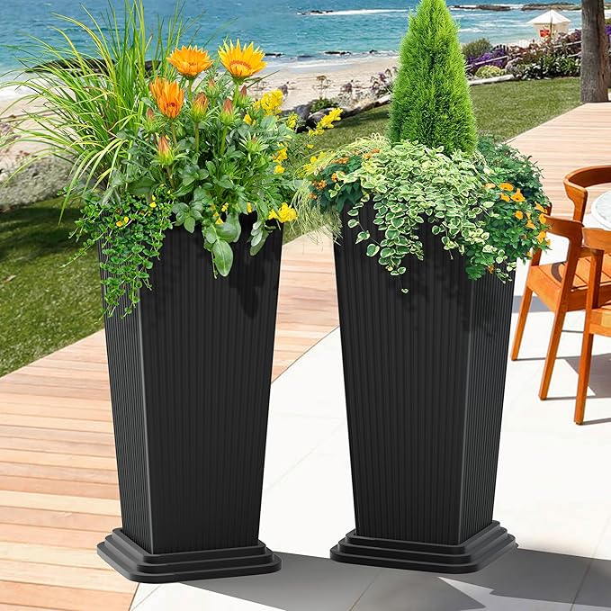 FENCY Set of 2 Tall Planters for Outdoor Plants, 24 Inch Large Tapered Pots - Image 7