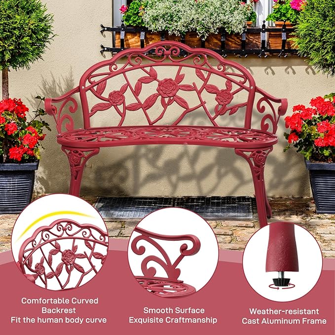 VINGLI 38.5" Patio Park Garden Outdoor Metal Rose Bench, 2-Person Cast Iron - Image 4