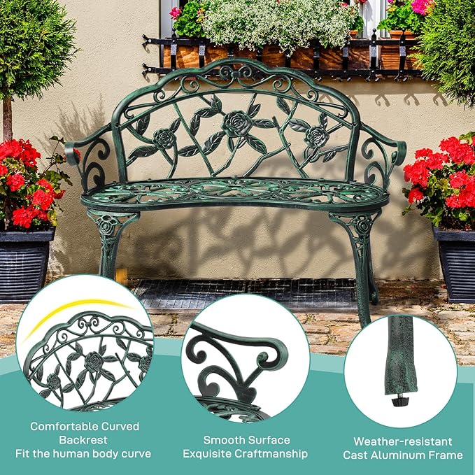 VINGLI 38.5" Patio Park Garden Outdoor Metal Rose Bench, 2-Person Cast Iron - Image 5