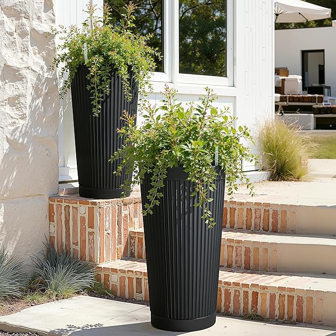 Self Watering Tall Black Planters Outdoor Set of 2, 24” Flower Pots Planters - Image 4