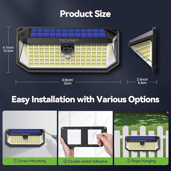 TECKNET 461 LED Solar Powered Outdoor Lights, 270° Angle & 3 Lighting Modes - Image 7