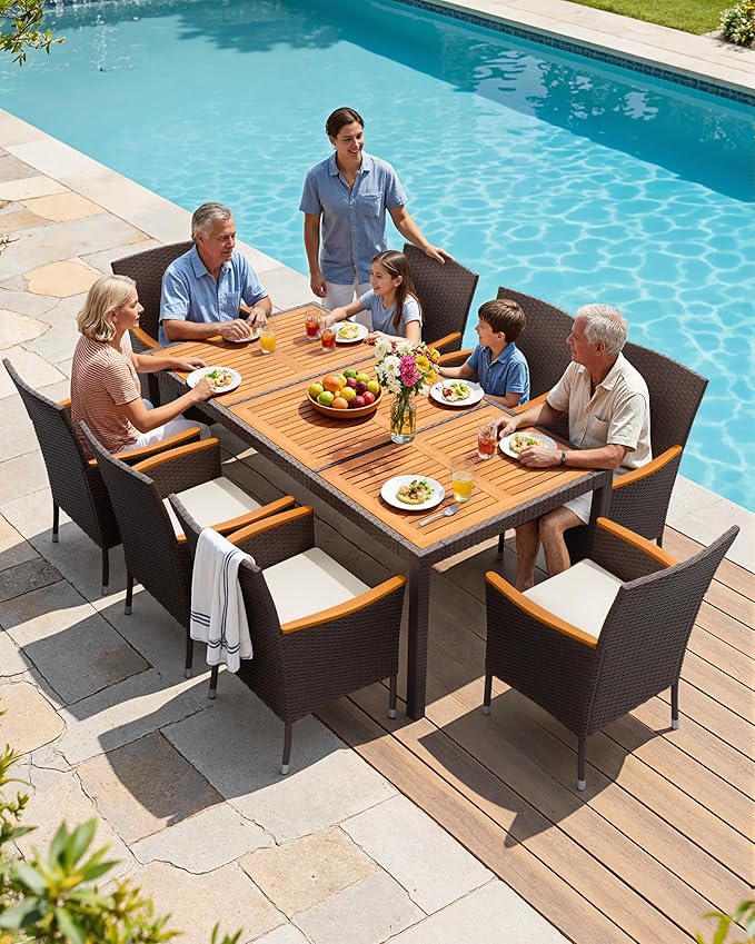 Flamaker 9 Piece Patio Dining Set Outdoor Acacia Wood Table and Chairs - Image 3