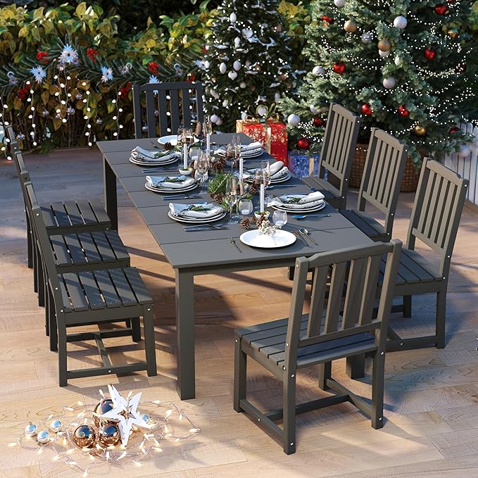 9-Piece Outdoor Dining Set for 8, 75.2'' HDPE Table by PatioKingdom
