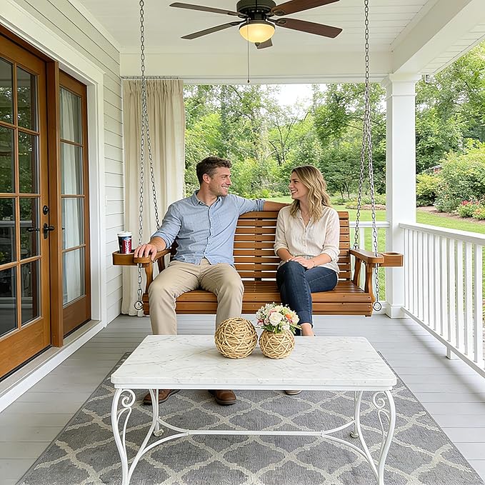Wooden Porch Swing 2-Seater, High Backrest and Deep Seat, Bench Swing - Image 2