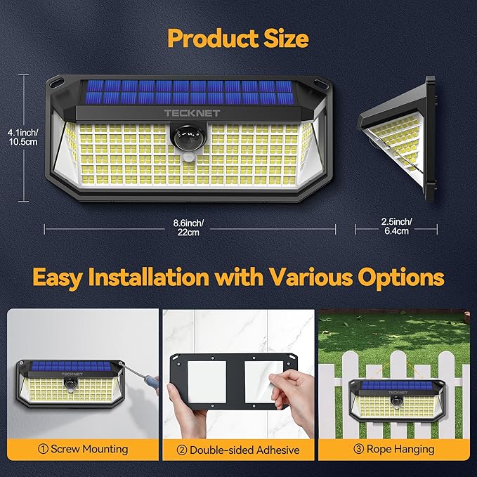 TECKNET 416 LED Solar Lights Outdoor Waterproof, 300° Angle & 3 Lighting Modes - Image 7