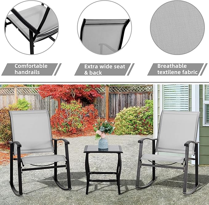 Vongrasig 3 Piece Outdoor Rocking Bistro Set, Textilene Fabric Small Patio - Image 4
