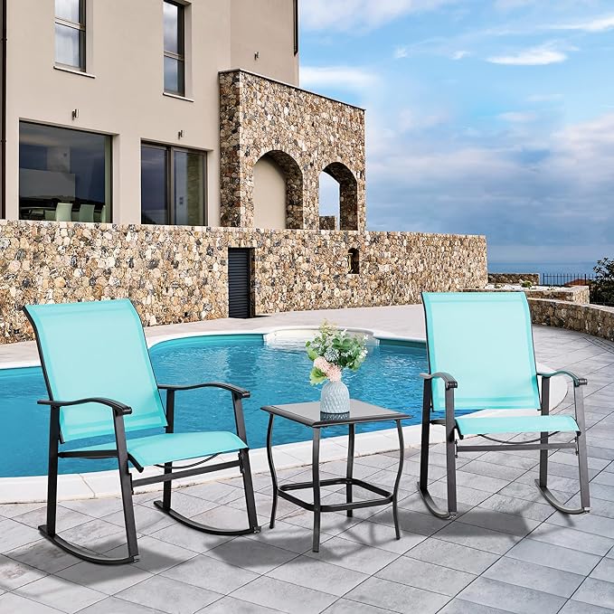 Vongrasig 3 Piece Outdoor Rocking Bistro Set, Textilene Fabric Small Patio - Image 2