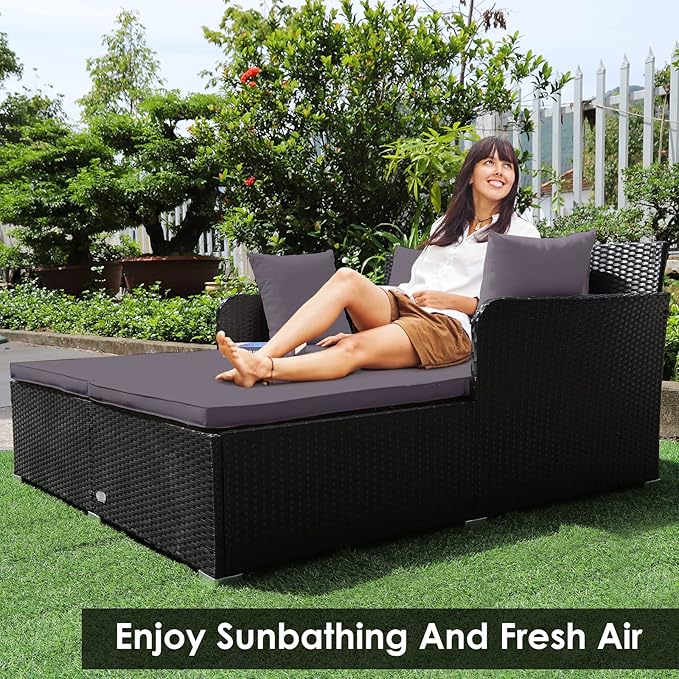 COSTWAY Outdoor Patio Rattan Daybed, Sponge Cushioned Loveseat Sofa - Image 5