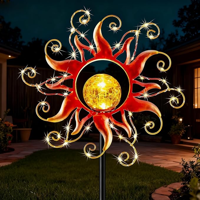 Solar Lights Outdoor Waterproof Red Sun Metal Crackle Glass Stake Decorative by KACUX