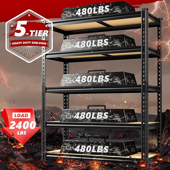 REIBII 2400LBS Garage Shelving Heavy Duty 5 Tier Storage Shelves Adjustable - Image 4