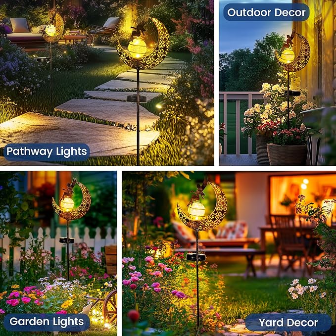 Fairy Garden Solar Lights Outdoor Moon Stakes, Waterproof Outdoor Metal Decor - Image 2