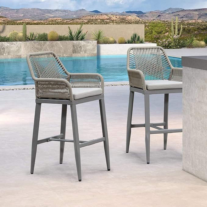 PURPLE LEAF Outdoor 29" Wicker Bar Stools Set of 2, Boho Patio Bar Height Chair - Image 2