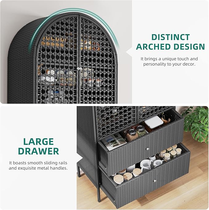 YITAHOME 65 Inch Outdoor Storage Shed, Arched Wicker Stand-Up Pantry - Image 4