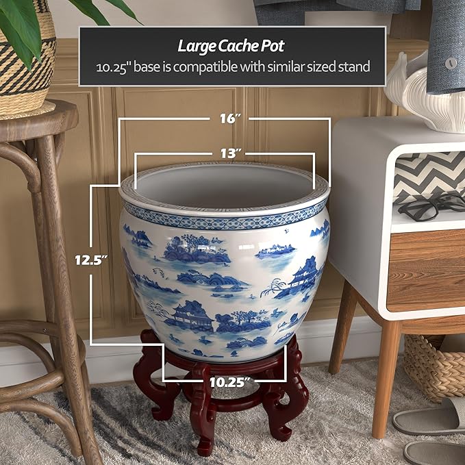 Red Lantern 16" Landscape Blue & White Porcelain Fishbowl Planter or Cachepot - Image 4