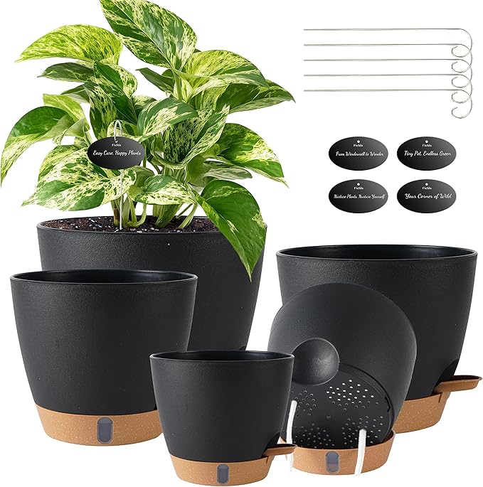 Self Watering Pots for Inoor Ourdoor Plants 8/7/6.5/6/5 Inch Plastic Planters by Fielda