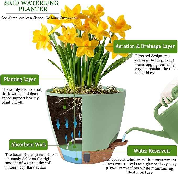 Self Watering Pots for Inoor Ourdoor Plants 8/7/6.5/6/5 Inch Plastic Planters - Image 3