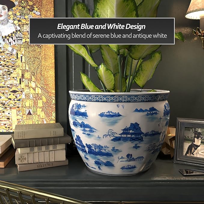 Red Lantern 20" Porcelain Fishbowl Blue & White Landscape Planter - Image 5