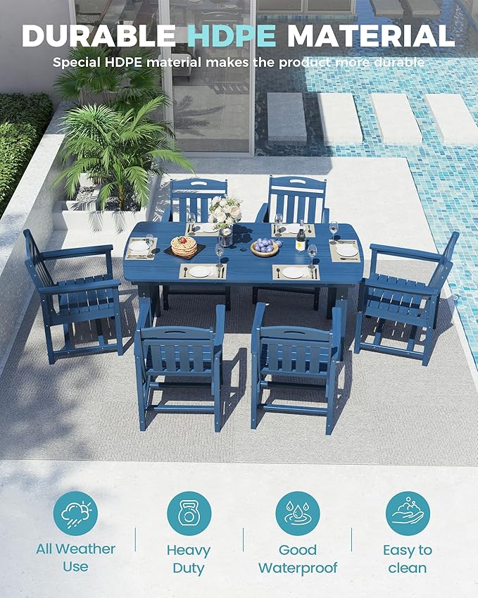 Ciokea HDPE Outdoor Dining Set, 7-Piece Patio Table and Chairs Set - Image 3