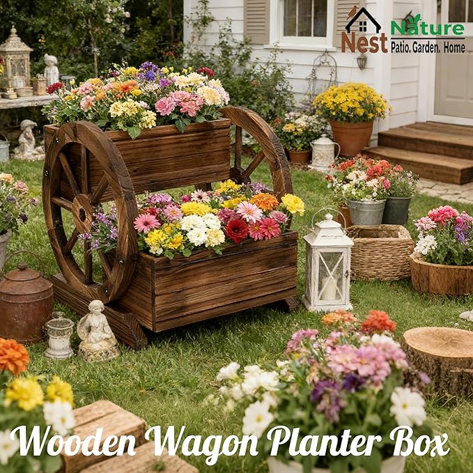 NestNature Wooden Wagon Planter Box, Raised Garden Bed, Decorative Garden - Image 4