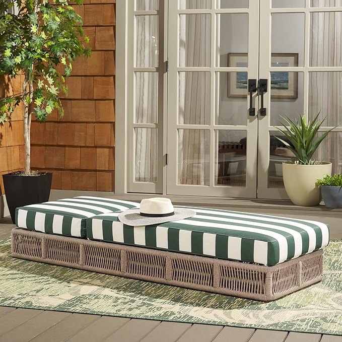 SAFAVIEH Outdoor Collection Gillian Heather Tan & Hunter Green Stripe Chaise - Image 5