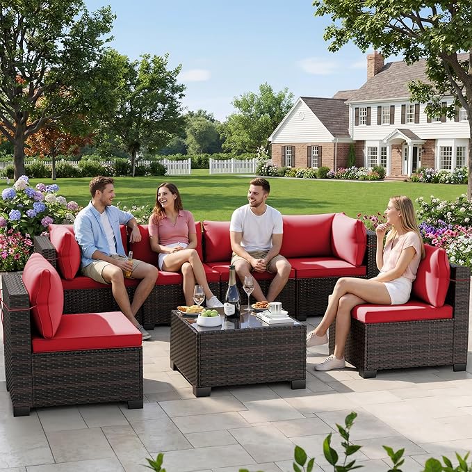 LEVELEVE 7 Pieces Outdoor Patio Furniture Sets, Rattan Conversation Sectional by Enjoyyourlife