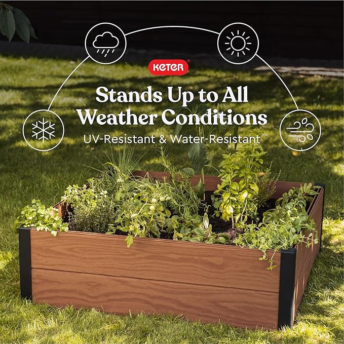 Keter 48" X 48" inches Wood Look Raised Garden Bed, Durable Outdoor Herb Garden - Image 3
