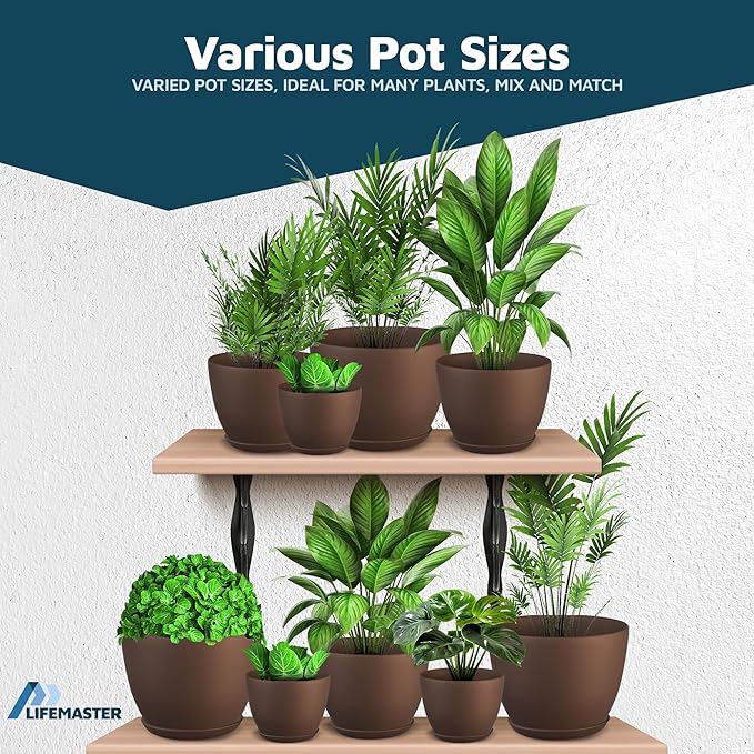 Brown Plant Pots with Drainage Holes & Saucers 3 Pack, Indoor & Outdoor - Image 4