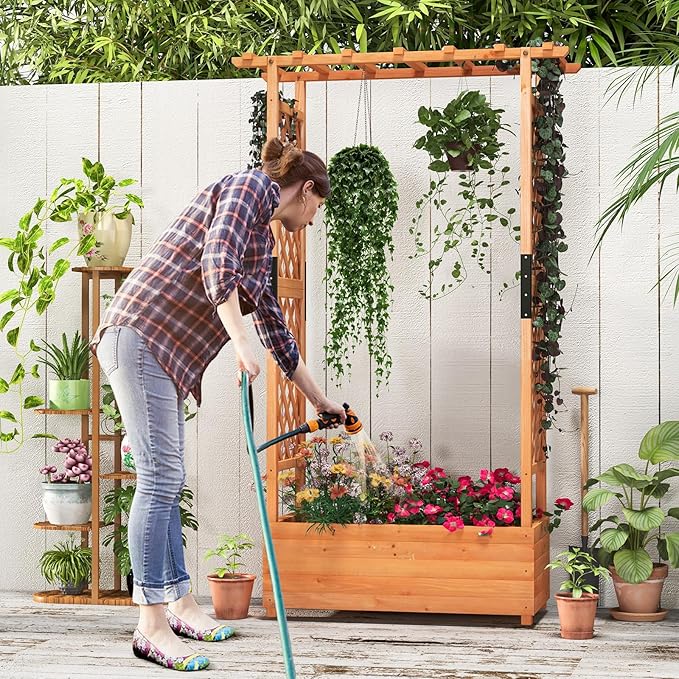 Giantex Raised Garden Bed with Trellis & Hanging Roof, Wood Planter Box with - Image 3
