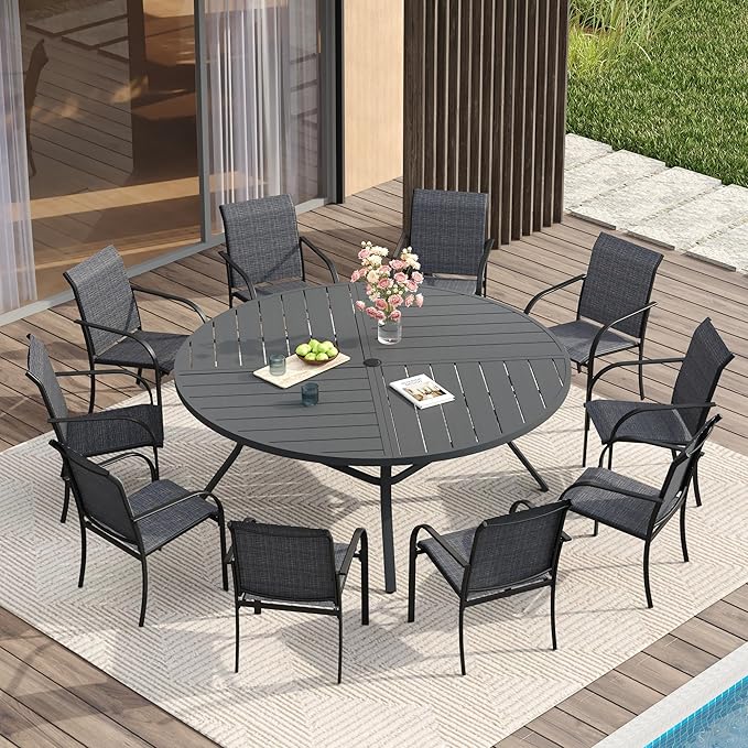 VICLLAX Patio Table and Chair Set of 10, All Weather Metal Round Outdoor Dining by HOME