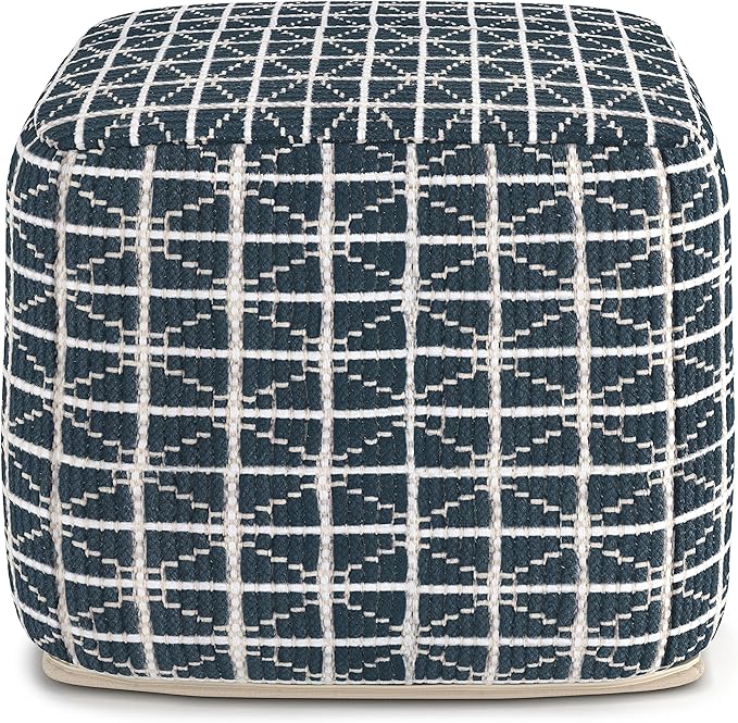 SIMPLIHOME Noreen Boho Square Pouf in Dark Blue and White Handloom Woven Pattern - Image 4