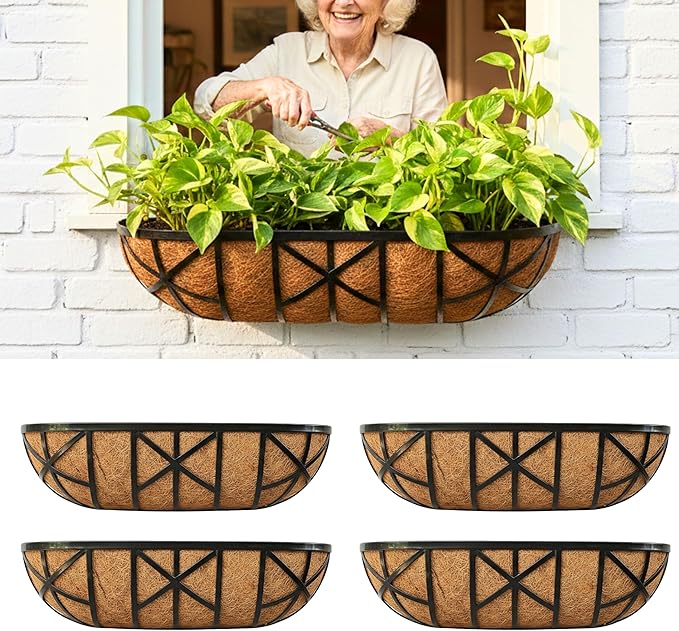 LaLaGreen 24 Inch, 4 Pack Window Boxes Planters – Black Metal Window Boxes by L%C3%A1L%C3%A1Green