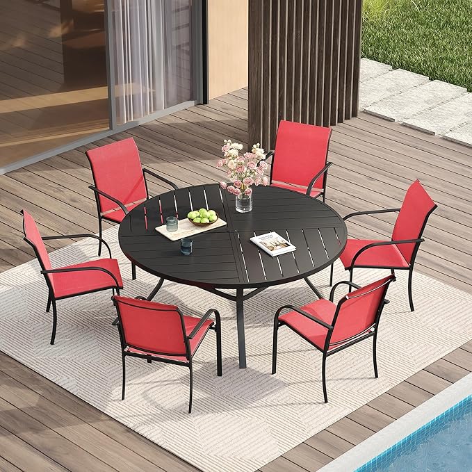 VICLLAX Patio Table and Chair Set of 6, All Weather Metal Round Outdoor Dining by HOME