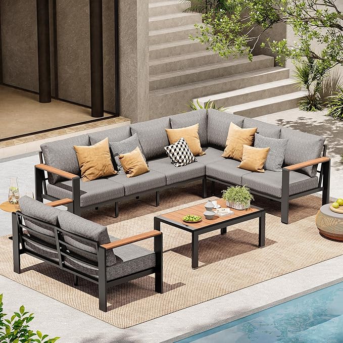 Aluminum Outdoor Patio Furniture Set 8 Seats, Outdoor Sectional Corner Sofa by ComfCove