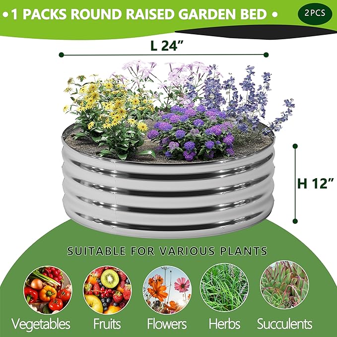 2PCS 2x2x1FT Galvanized Raised Garden Bed Kit, Vegetable Boxes-Round Metal - Image 2