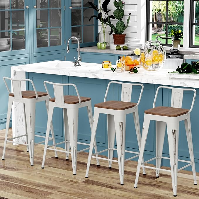WENTMENT Bar Stools Set of 4, Industrial Style, Metal Frame, Distressed White - Image 5