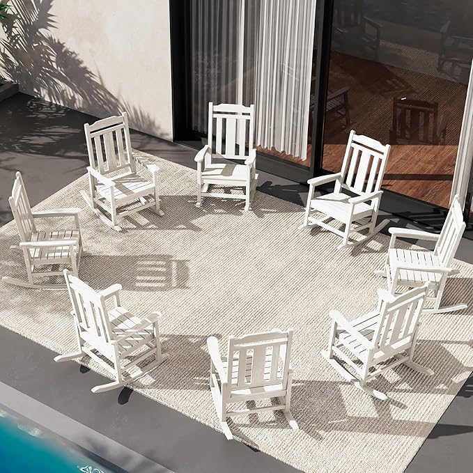 SERWALL Outdoor Rocking Chair White Set of 8, All Weather Patio Rocking Chair by SERWALL