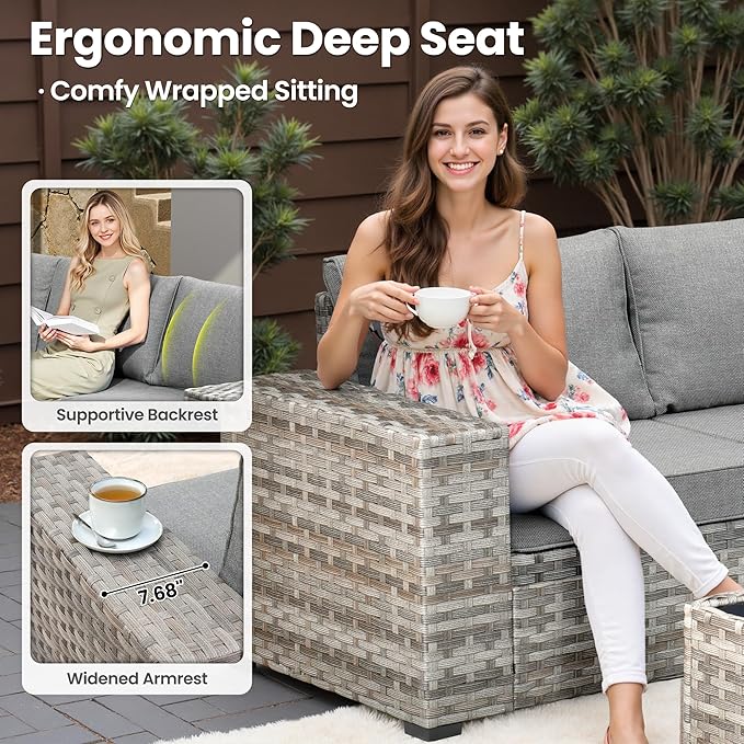 ovios 6 Pieces Patio Furniture Set, Outdoor Wicker Sectional Sofa - Image 6