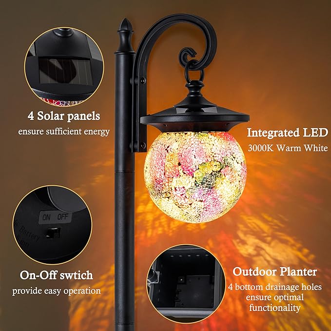 Solar Lamp Post Light with Planter, Matte Black Outdoor Flower Pots with Mosaic - Image 3